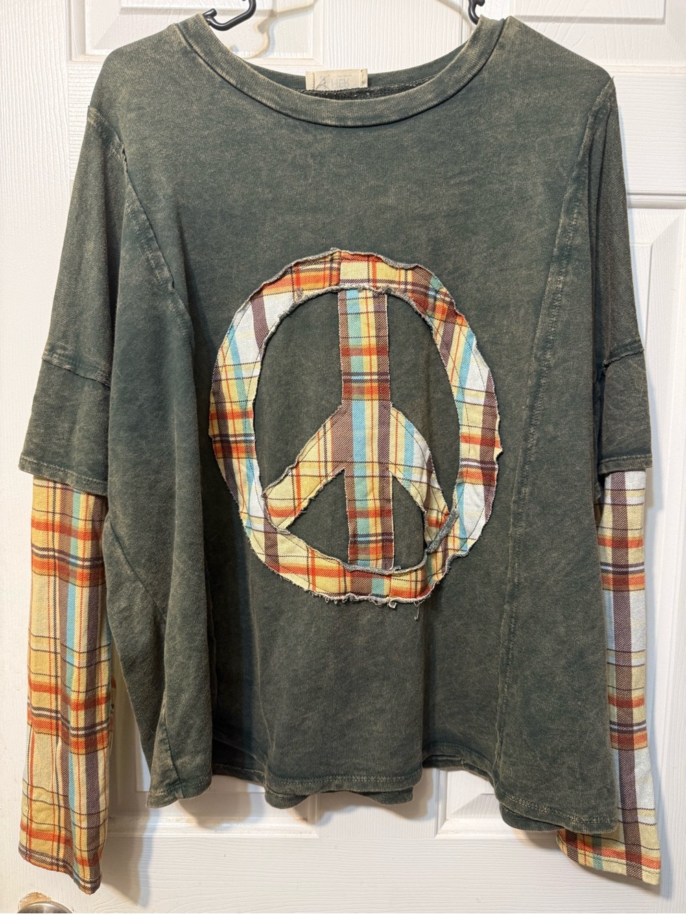 Washed Olive Green Long-Sleeve Peace Sign Layered-Look Blouse